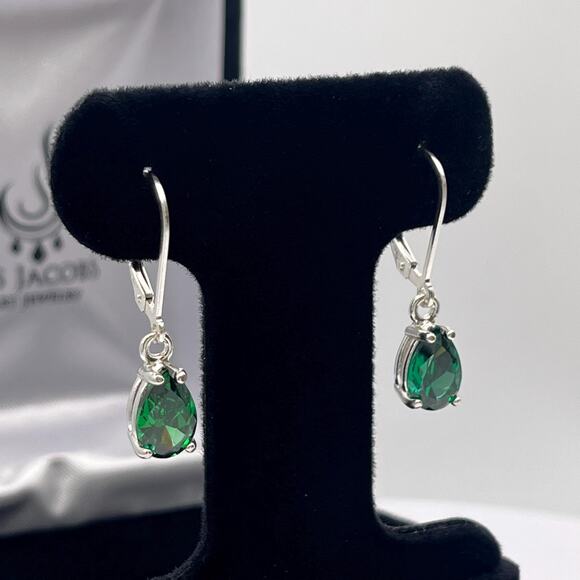 Beautiful 3ctw Pear Cut Emerald Earrings in Sterling Silver Dangle Leverbacks - Picture 3 of 10